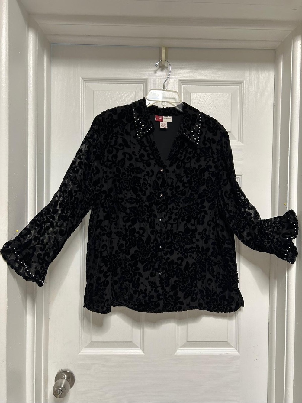 JM Collection Black Velvet Floral Burnout Studded Collar Blouse